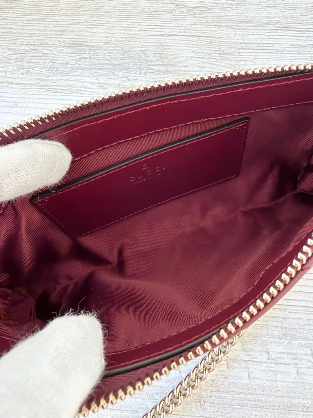 New Gucci Marmont GG leather small bag with chain, burgundy